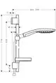 Hansgrohe Duschset mit Handbrause und Brausestange. Die Montageanleitung zeigt Maße und Anordnungen für die Installation in einem Badezimmer.